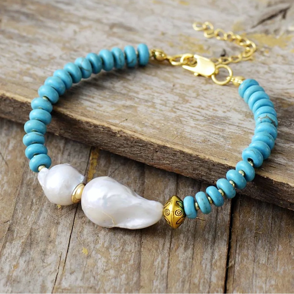 Artisan Natural Turquoise And Biwa Fresh Water Pearl Bracelet